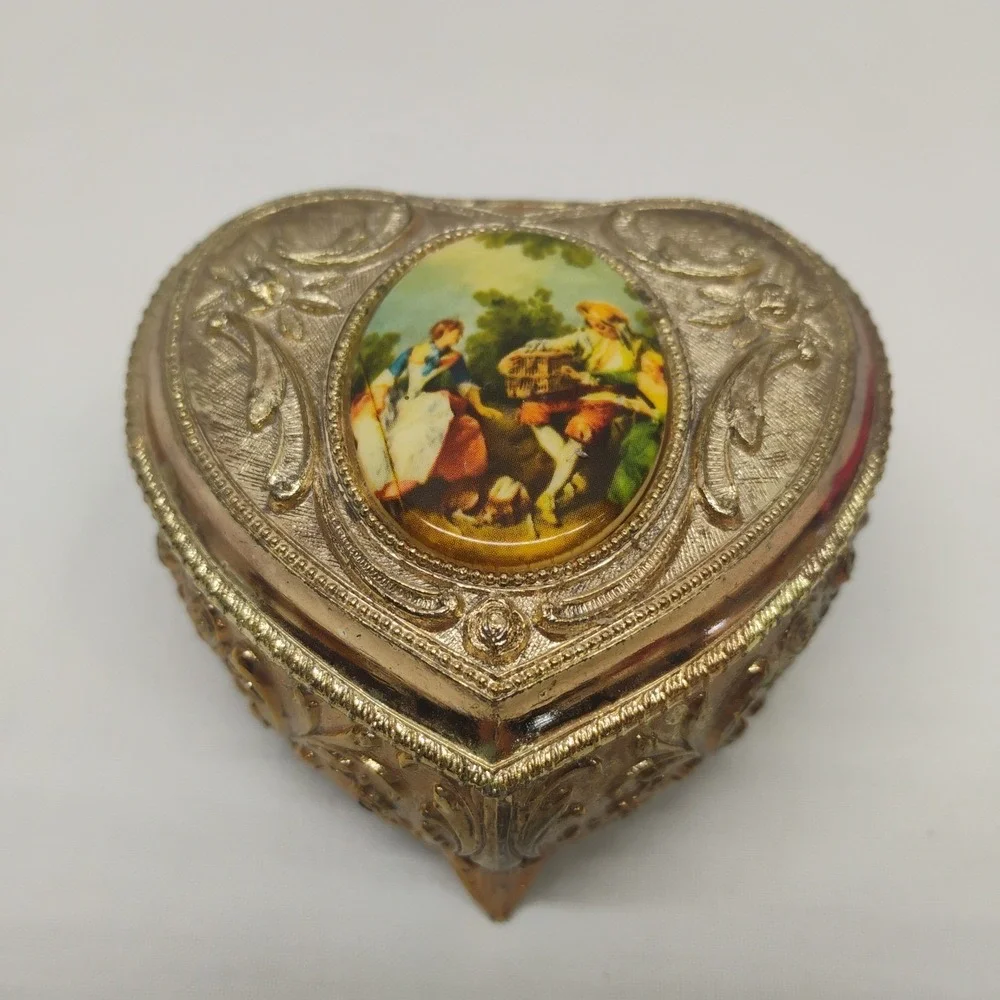 Vintage Victorian Ornate Japan Gold Tone Metal Trinket Box Lined Footed Jewelry